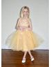Beaded Golden Yellow Lace Tulle Curly Hem Flower Girl Dress